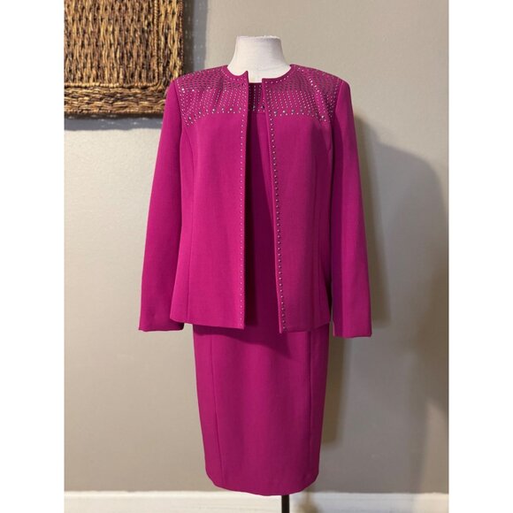 Kasper Dress & Jacket Blazer Suit Berry Pink 12 Silver Studded Neckline Stretch - Picture 13 of 15